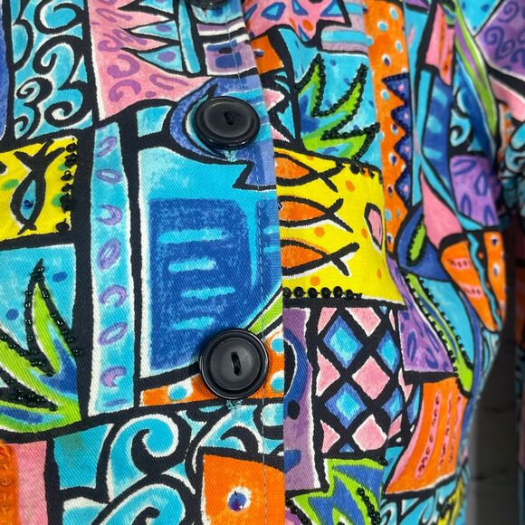 VTG Life Style Jacket Women Medium Buttons Sequins Beaded Artsy Abstract Coat - Picture 11 of 16